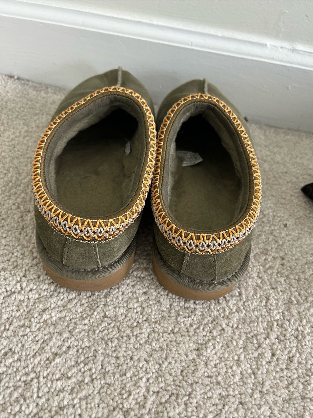 Uggs , Olive Green Suede Slip-On Slippers with Decorative Trim - Picture 2 of 3